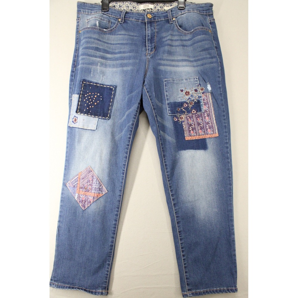 Vintage America Bestie Jean Womens 18W Blue Patchwork Embroidered Boho Denim